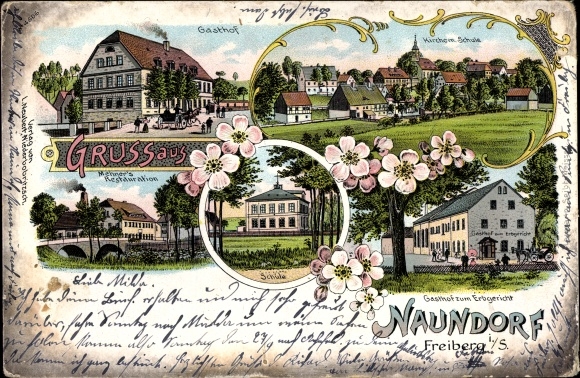 Litho Naundorf b. Freiberg Bobritzsch, Mehners Restauration, Gasthof z. Erbgericht, Schule, Kirche