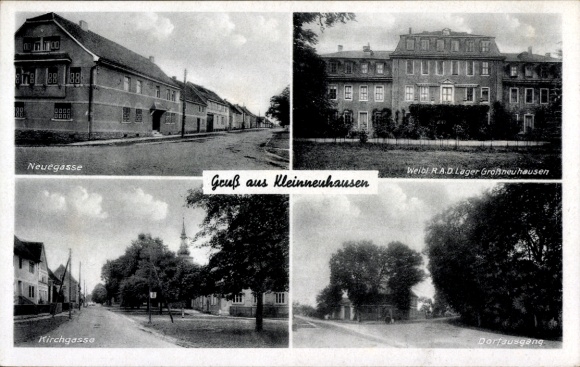 Postcard Kleinneuhausen in Thuringia, four-part view of street views, swastika not visible