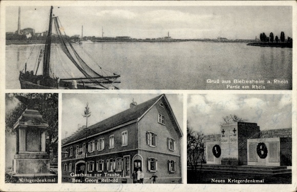 Ak Biebesheim am Rhein, Kriegerdenkmal, Gasthaus zur Traube, Rheinpartie