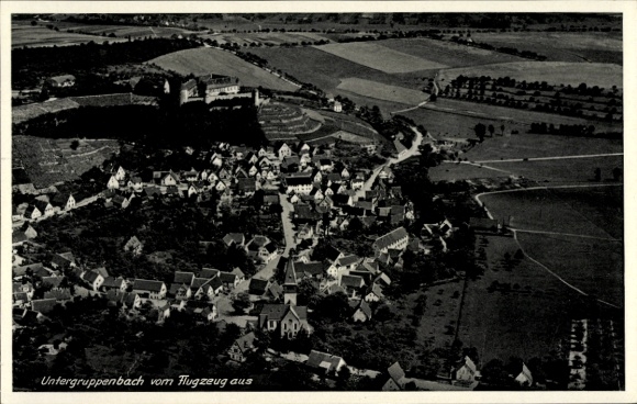 Postcard Untergruppenbach in Württemberg, aerial photograph of landscape with fields, village view, church
