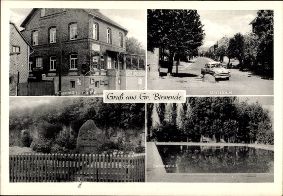Postcard Groß Biewende Remlingen Semmenstedt in Lower Saxony, memorial, village street, restaurant