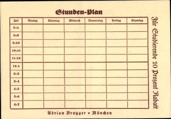 Timetable Adrian Brugger, Munich, technical drawing around 1930
