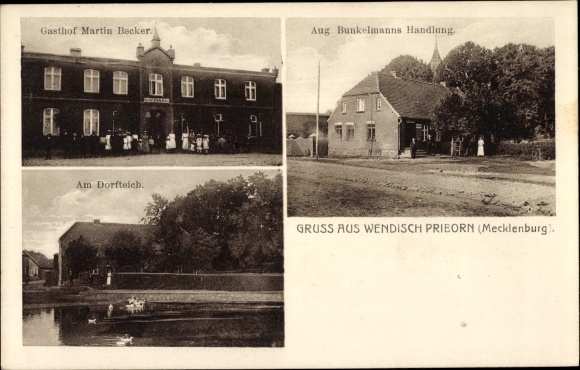 Postcard Wendisch Priborn Ganzlin Mecklenburg, Gasthof Martin Becker, August Bunkelmann&#39;s action, pond