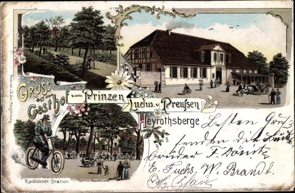 Chromo-Litho Heyrothsberge Biederitz in Saxony Anhalt, inn for Prince Ludwig of Prussia, cyclists