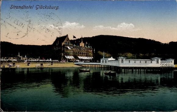 Postcard Glücksburg on the Baltic Sea, beach hotel, beach life, boat dock, charming nature