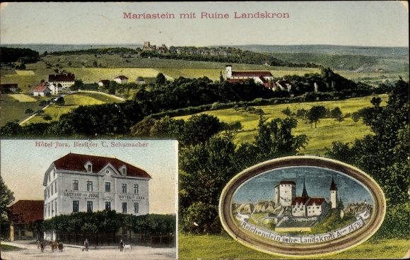 Postcard Mariastein Canton Solothurn, view of the town, Landskron ruins, Hotel Jura
