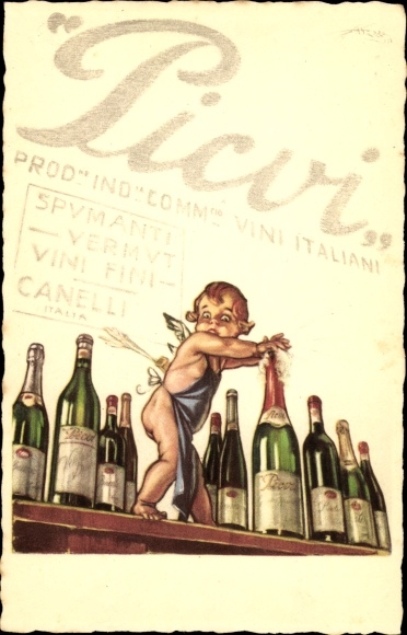 Artist Postcard Picvi, champagne bottles, counter, angel, apron, Spumanti, Vermut, Vini Fini, Canelli