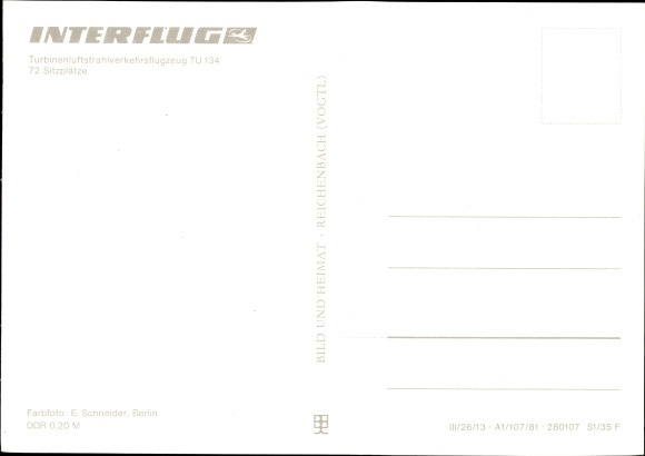 Postcard German passenger aircraft Tupolev TU-134 Interflug, turbine jet airliner