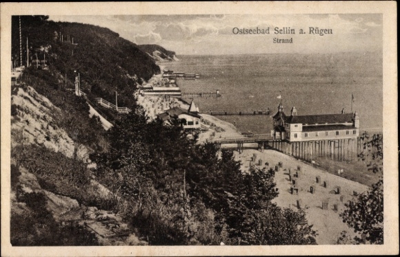 Ak Ostseebad Sellin op Rügen, uitzicht op het strand, pier