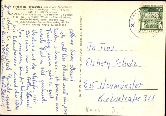 Postcard Hamburg Harburg Cranz, beach hotel, dining room, bowling alley