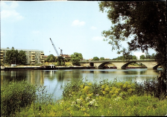 PC Schwedt on the Oder, bridge over the canal, crane, block of flats