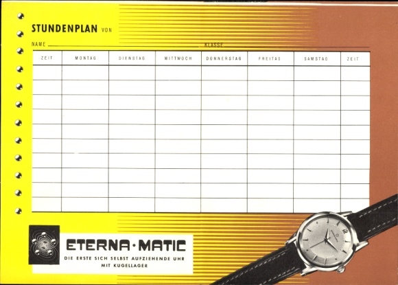 Timetable Eterna Matic Automatic watch, Self-winding watch, Wonder of the watch circa 1960