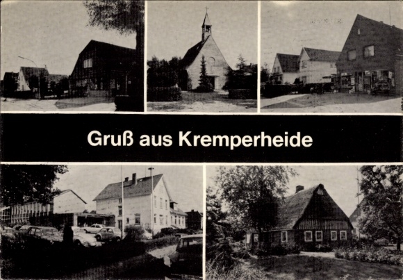 Ak Kremperheide in Sleeswijk-Holstein, kerk, commerciële gebouwen