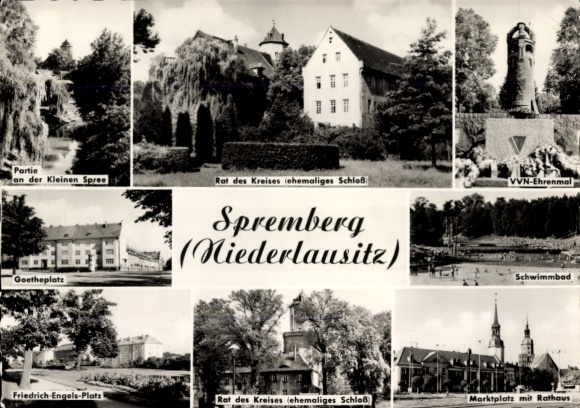 Ak Spremberg in Lausitz, VVN-monument, zwembad, marktplein, stadhuis