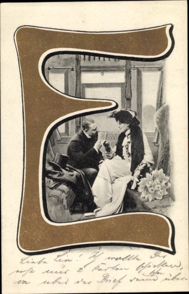 Letters Postcard E, couple in a railway compartment