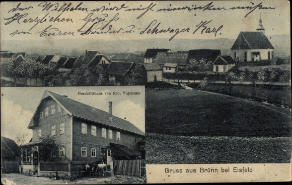 Postcard Brünn district of Hildburghausen in Thuringia, commercial building, view of the town, church