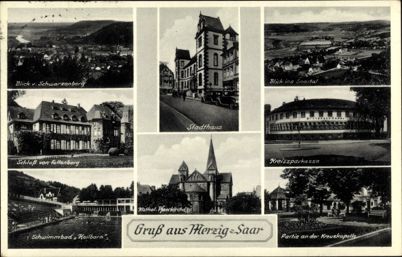 Ak Merzig aan de Saar, gemeentehuis, districtsspaarbank, kasteel Fellenberg, zwembad Heilborn