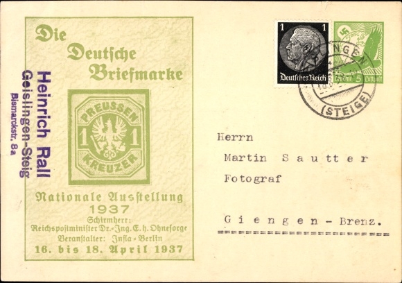 Postwaardestuk Ak De Duitse postzegel, Nationale Tentoonstelling 1937