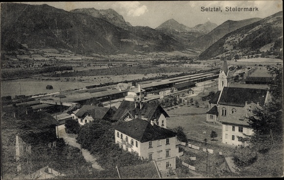 Postcard Selzthal Styria, panorama, train station, church