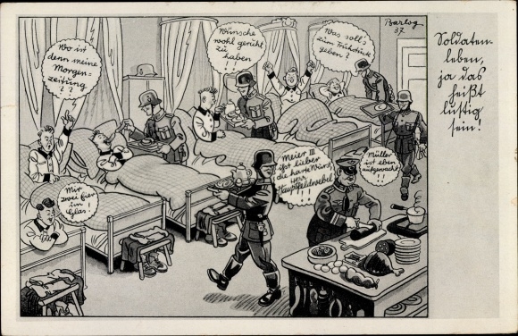 Künstler Ak Barlog, Soldatenleben heißt lustig sein, Wehrmacht, Offizier, Schlafstube, II. WK