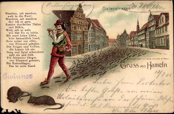 Chromo-Litho Hamelin in Lower Saxony, Pied Piper with rats moves through Osterstrasse, poem