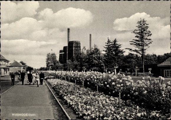 Postcard Wiesmoor in Ostfriesland, city view, passers-by, footpath, beds