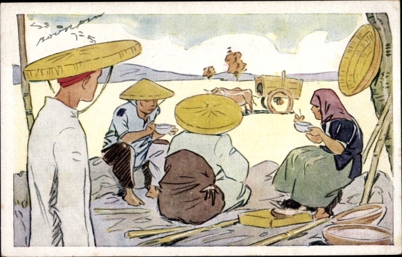 Artist Postcard Vietnam, Le riz d'Indo Chine, repas des Moissonneurs