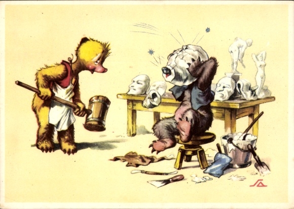 Artist Postcard Two Bears, humanized, humor