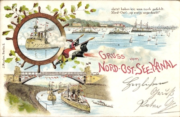Precursor Chromo-Litho Postcard Hanseatic City of Kiel, greeting from the Kaiser Wilhelm Canal, flags, gun salute