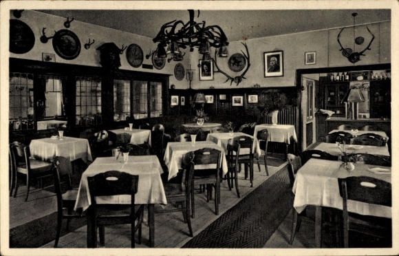 Postcard Bad Liebenstein in the Thuringian Forest, restaurant inside, chairs and tables, hunting trophies, paintings,