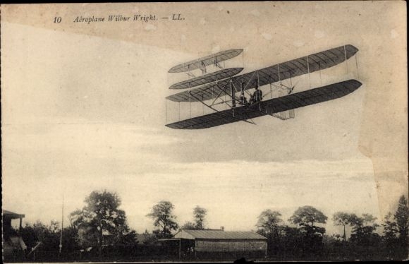 Postcard Aeroplane Wilbur Wright, biplane