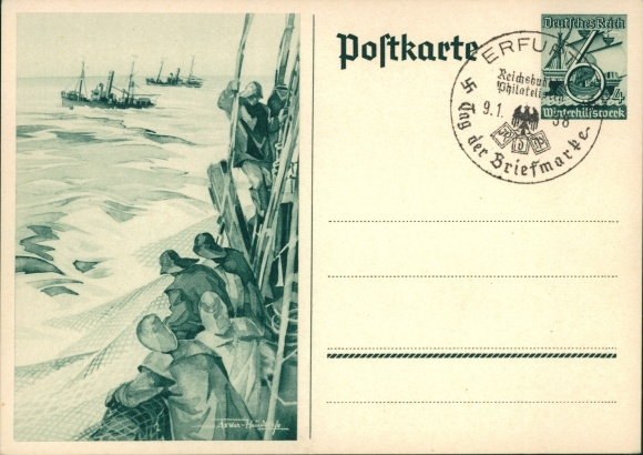 Postwaardekaart ansichtkaart Axster Heudtlass, vissers op volle zee, vissersboten