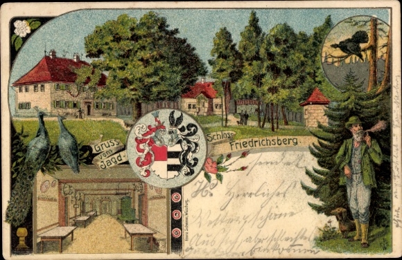 Coat of arms lithograph Abtswind Lower Franconia, hunting lodge Friedrichsberg, hunter with dachshund, capercaillie