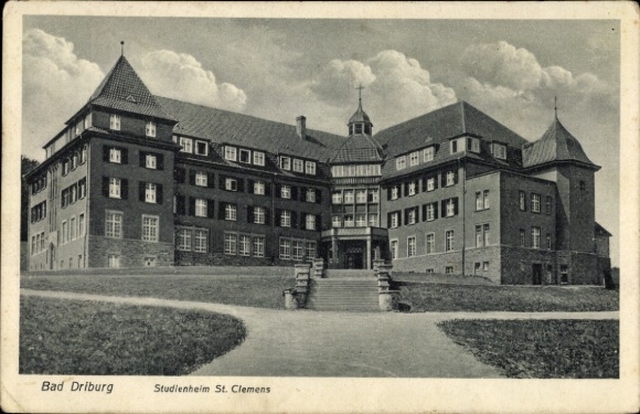 Postcard Bad Driburg in Westphalia, St. Clemens Study Home, large building complex, stairs, cloudy sky