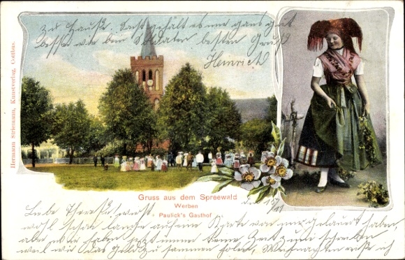 Postcard Werben in the Spreewald, church, woman in traditional costume, Paulicks Gasthof