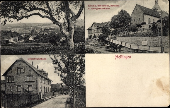 Ak Hettingen Buchen in het Odenwald Baden, kerk, school, gemeentehuis, oorlogsmonument, lerarenhuis