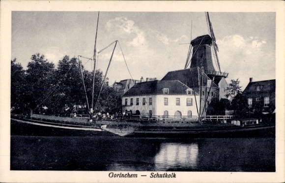 Postcard Gorinchem South Holland Netherlands, Schutkolk, ship, windmill