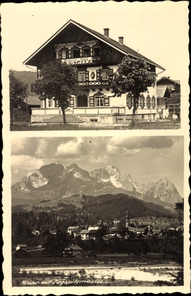 Photo Postcard Krün in Upper Bavaria, Pension Café Zugspitz, village with a view of the landscape