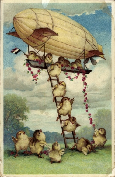Postcard Chicks get out of a Zeppelin, Patriotic Empire