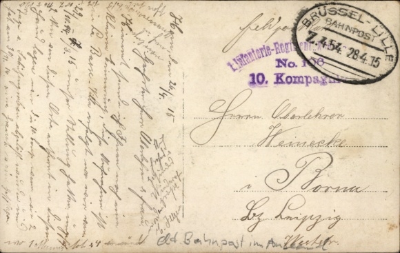 Bahnpoststempel Brüssel Lille, Zug 454, auf Feldpostkarte