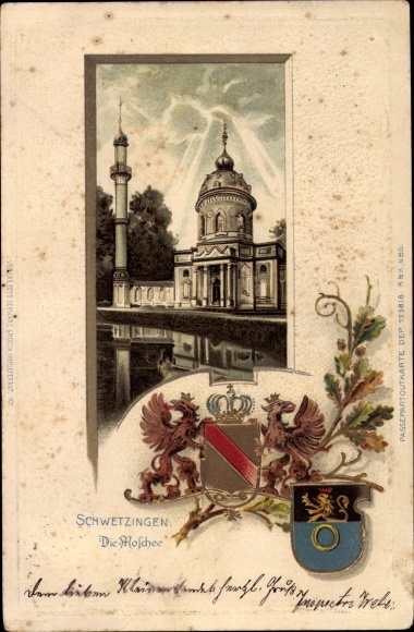 Embossed Coat of Arms Passepartout Chromo-Litho Schwetzingen in Baden, The Mosque