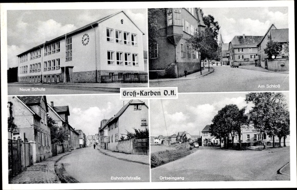 Ak Groß Karben in Hessen, New School, Am Schloss, Bahnhofstrasse, stadsingang