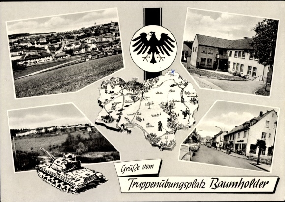 Postcard Baumholder Rhineland Palatinate, military training area, tanks, street view