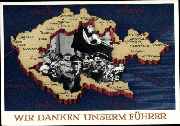 Postal stationery Postcard We thank our leader, Sudetenland, Bohemia, Moravia, Hitler