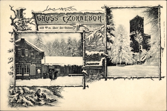 Passepartout Ak Cunewalde in Oberlausitz, Czorneboh, uitkijktoren en restaurant in de winter