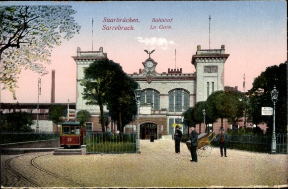 Postcard Saarbrücken in Saarland, train station street side, tram 35