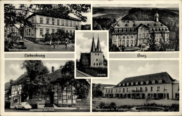 Postcard Liebenburg in the Harz, school camp, castle, restaurant at the post office, sanatorium, church
