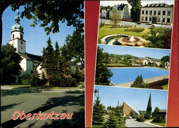 Postcard Oberkotzau an der Saale, town hall, church tower, outdoor pool