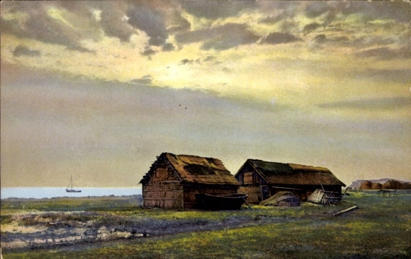 Postcard Photochromie, Nenke and Ostermaier Series 158 No. 2878, Wooden huts with thatched roofs on the shore