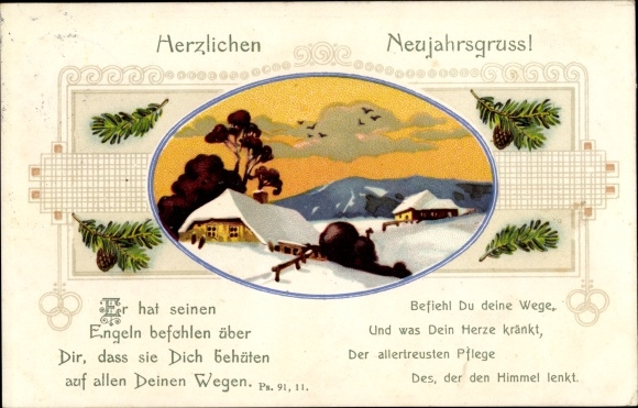 Postcard Happy New Year, Psalm 91 11, winter landscape